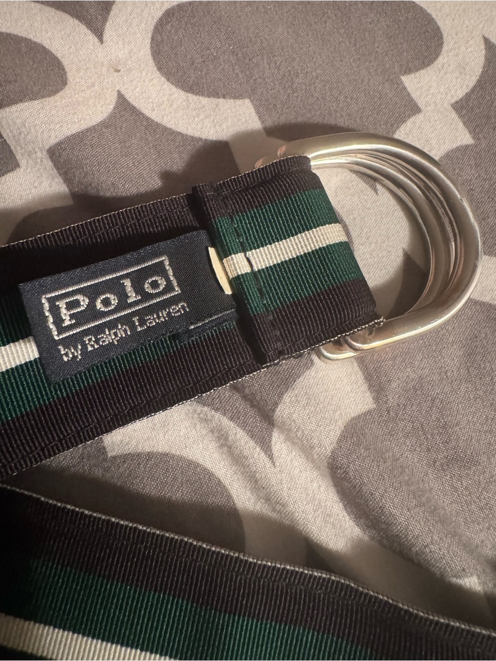 Polo by Ralph Lauren Black, Green & White Striped Webbing D-Ring Belt